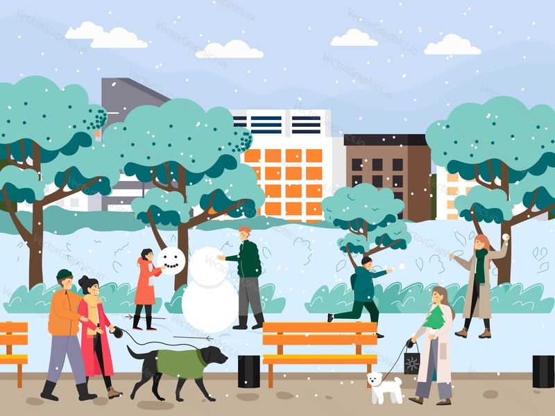 Happy people making snowman, playing snowballs, walking dogs in city park, flat vector illustration. Outdoor winter activities.