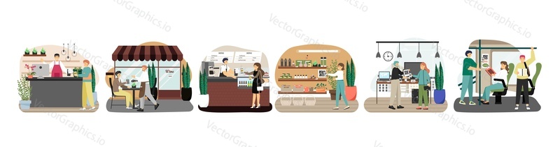 Mobile contactless payments set, flat vector isolated illustration. NFC and QR code payments via pos terminal in cafe, restaurant, shop and city public transport.