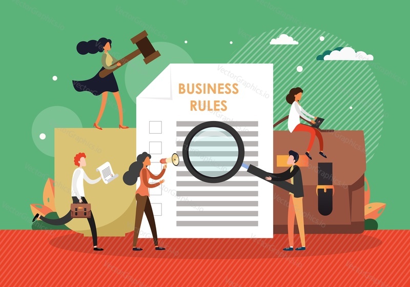 Business people reading company rules, flat vector illustration. Business laws and regulations, ethical practice, compliance policy and procedures.