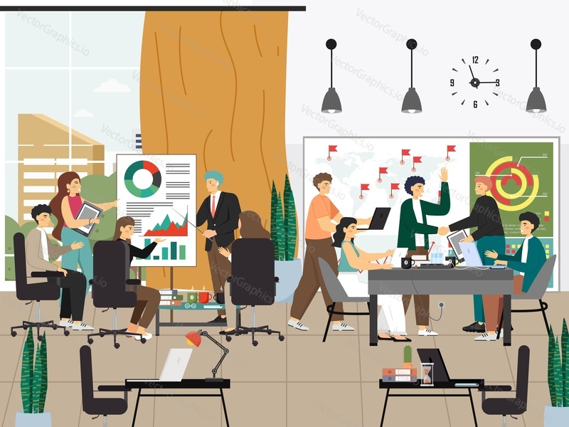 Office work, flat vector illustration. Business people giving presentation, meeting and discussing problems. Partnership, handshake, workshop, team work. Office situations.