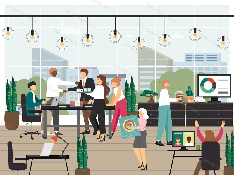 Office team, flat vector illustration. Business people meeting, shaking hands, making deal, video calling, drinking coffee. Team work, partnership. Office situations.