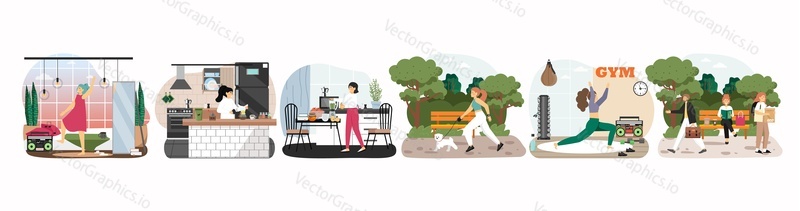 Morning scene set, flat vector isolated illustration. People preparing breakfast, drinking coffee, walking pet dog, doing fitness, going to work. Everyday life, morning routine.