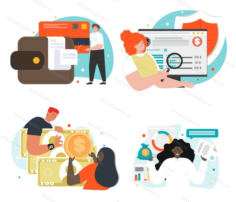 Business people with cash money, credit card, money bag, flat vector isolated illustration. Financial success, career growth.