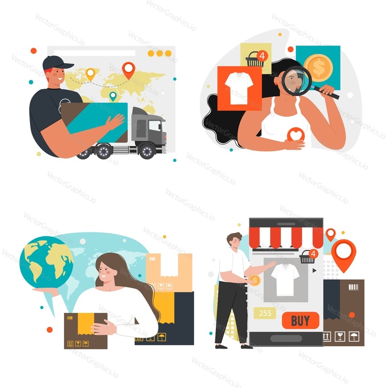 Delivery scene set, flat vector isolated illustration. Global logistics, international shipment, online shopping and delivery service.
