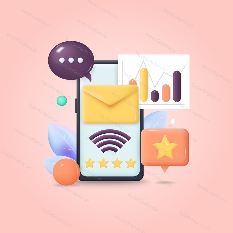 Mobile phone with speech bubble, charts, star rating, email, wifi signs, flat vector illustration. Multimedia communication device used for calling, messaging, chatting on social networks etc.