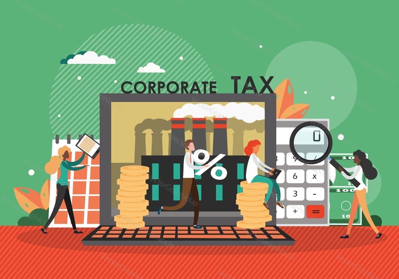 Corporate tax calculation and online payment, flat vector illustration. Accounting, financial management, taxation, audit.