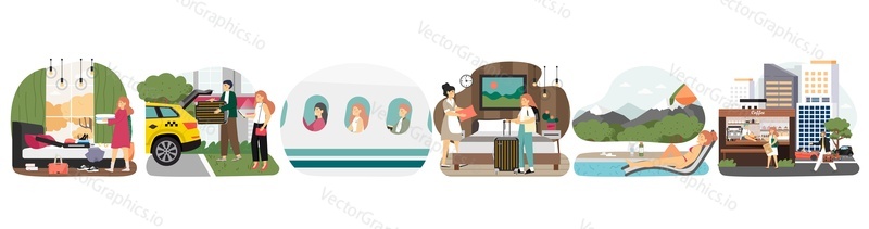 Travel scene set, flat vector isolated illustration. Woman packing things, using taxi, traveling by plane, lying on chaise longue. Summer vacation, tourism, trip.