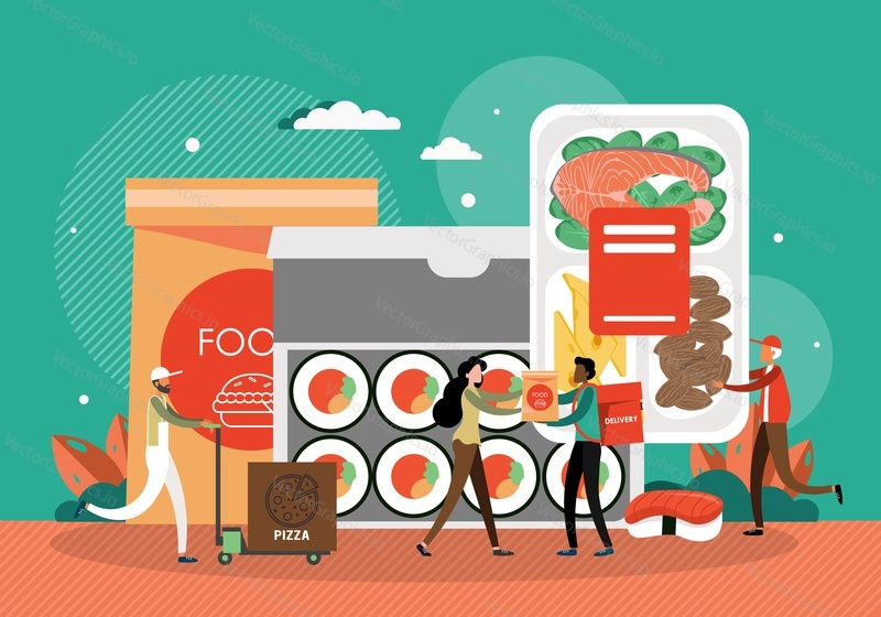 People ordering sushi, burgers and pizza online, flat vector illustration. Food delivery restaurant, fast food courier service.