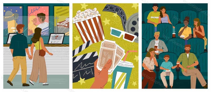 People watching movie in cinema theater. Couple buying ticket to cinema. Film intertainment industry posters set. Vector illustration with popcorn, movie tickets, reel and people audience.