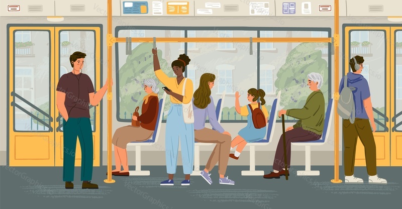 People in bus vector concept illustration. City public ptransport interior, sitting and standing passengers. People commute by bus.