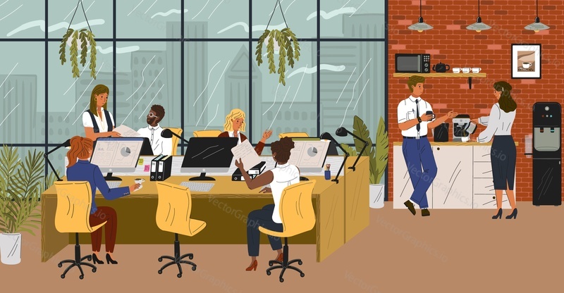 People in office sitting at desks and talking to each other. Business concept vector poster. Team work, coffee break next to office cooler. Modern corporate office interior.