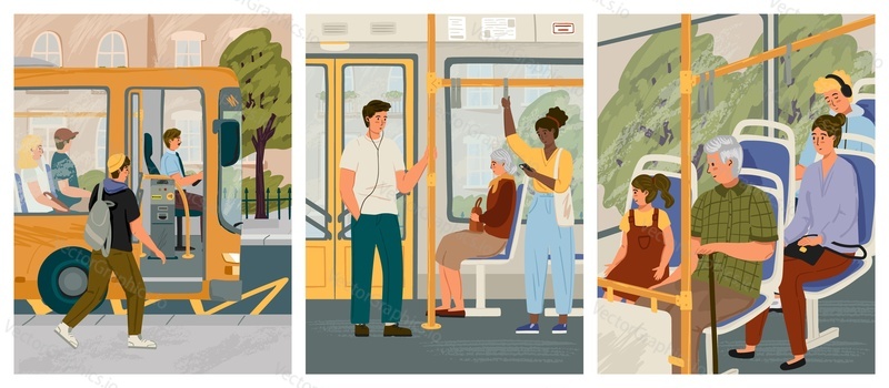 People in bus vector posters set. City public ptransport interior, sitting and standing passengers. People commute by bus.
