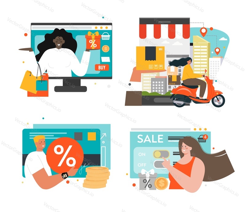 Online shopping sale set, flat vector isolated illustration. People making purchases over the internet, delivering goods. Internet store offers and discounts, loyalty program.