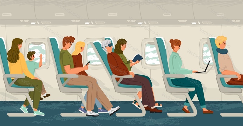 Airplane cabin interior with people aboard. Hand drawn vector illustration concept. Passengers sitting on chairs in plane during a flight. People travel by plane in economy class.