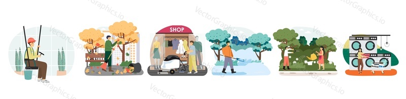Commercial office, store and street cleaning scene set, flat vector isolated illustration. People washing window, cleaning floor, streets, doing laundry, working in garden.