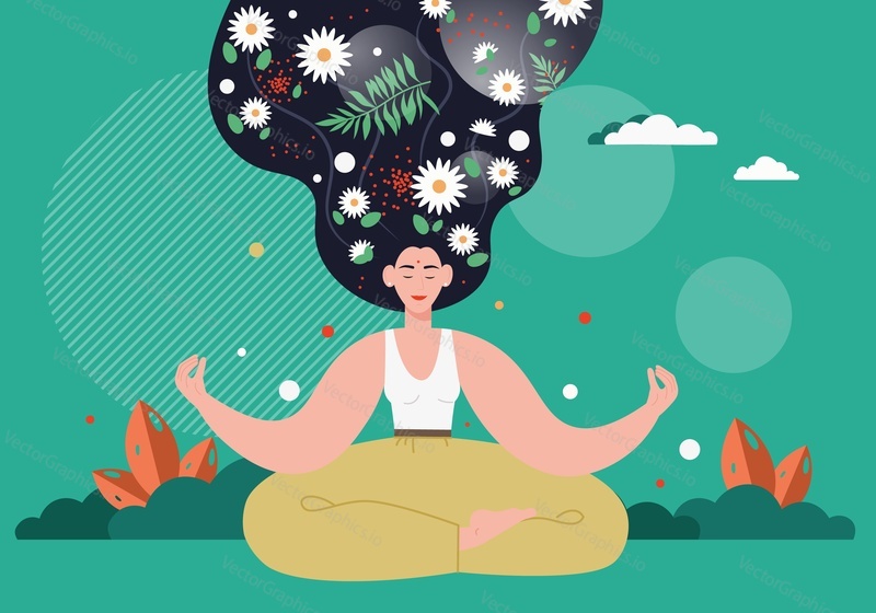 Woman meditating in nature, flat vector illustration. Girl sitting in lotus yoga position. Mindfulness, relaxation, calmness, zen, harmony.