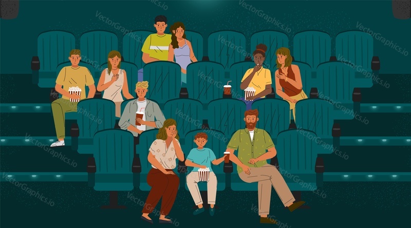 People watching movie at cinema theater and sitting in chairs in auditorium. Concept vector hand drawn illustration. Couple, family with kids, man and women watch film and eat popcorn.