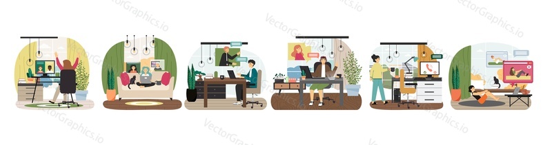 Video call scene set, flat vector isolated illustration. People video calling with friends, parents, colleagues, teachers, training with online coach. Online communication.