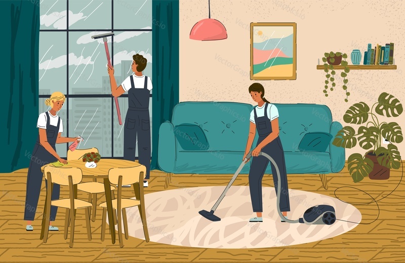 Home cleaning service, business concept vector illustration. Cleaning crew team clean living room. Janitorial service, housekeeping. Vacuum cleaning, dusting and washing windows.
