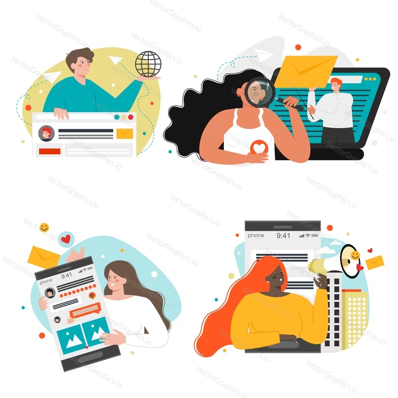 People sending email, text messages, sms, chatting on social media, flat vector isolated illustration. Digital communication, online messaging.