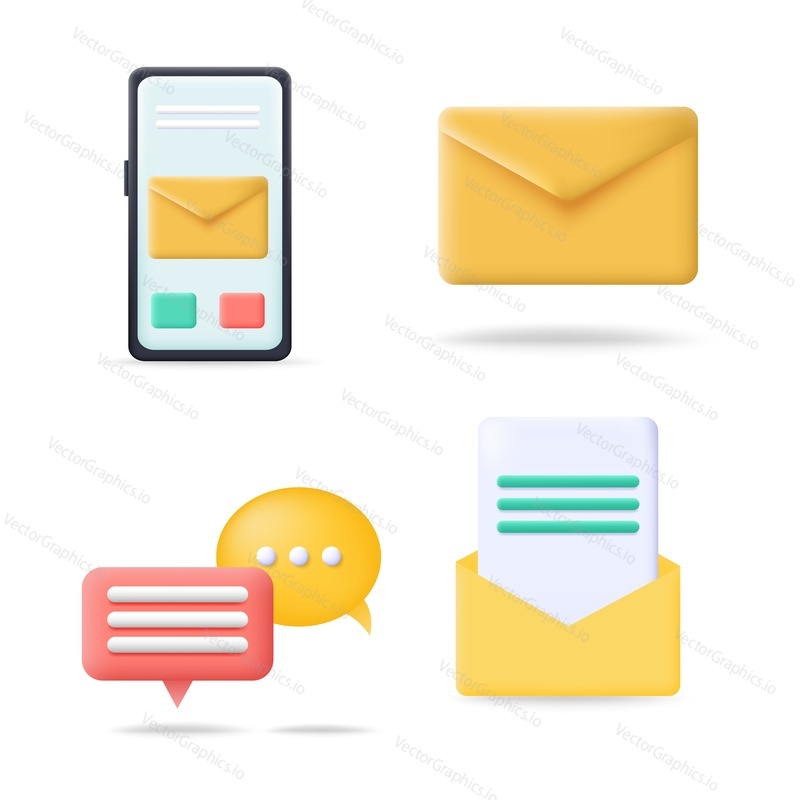 Vector set of 3d speech bubbles, email letters and business icons. Message, mobile phone mailbox, chat notifications, social media icons. 3D render elements.