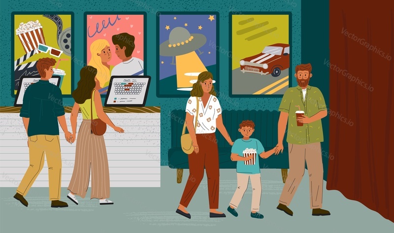 People buying cinema tickets at self service terminal. Cinema and show entertainment industry concept vector illustration. Couple at movie ticket counter standing in queue.