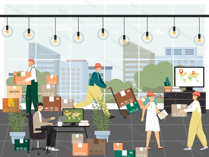 Delivery company office, flat vector illustration. Manager, loader, courier in uniform with parcel, cardboard box. Cargo shipment, logistics, global delivery service.