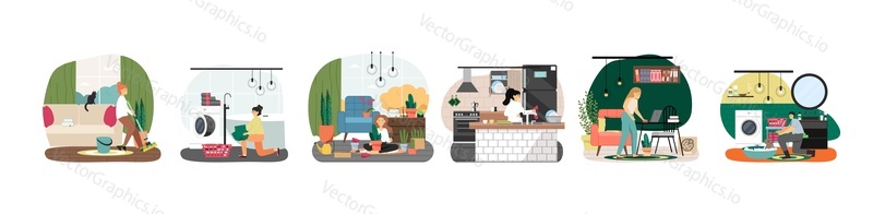 Home cleaning scene set, flat vector isolated illustration. People mopping floor, doing laundry, caring for houseplants, dishwashing, dusting, washing dog. Daily routine, cleaning company service.