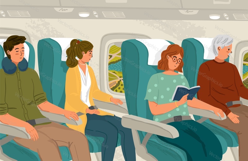 Airplane cabin interior with people aboard. Vector illustration. Passengers reading and watching plane window during a flight. People travel by plane in economy class.