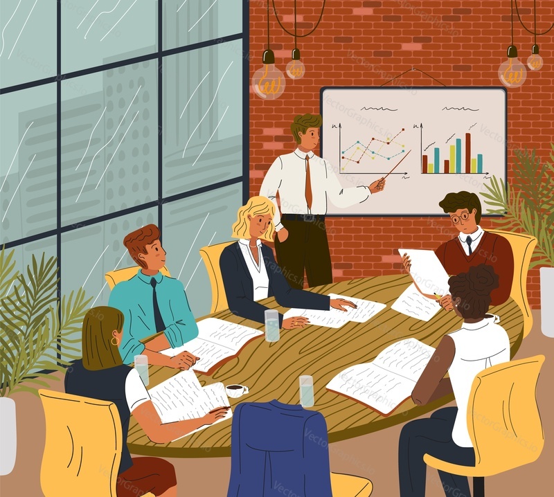Company board meeting and financial presentation. Business concept vector illustration. Corporate conference, financial analyst at blackboard with charts. Office meeting, briefing, business training.