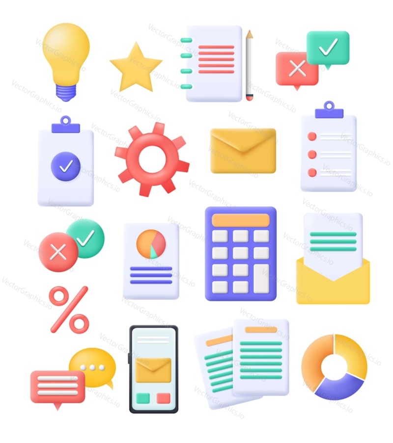 Vector set of business icons in 3d render style. Message notifications, check marks, papers and contracts, email, lightbulb, mobile phone, finance chart. Office and business elements.