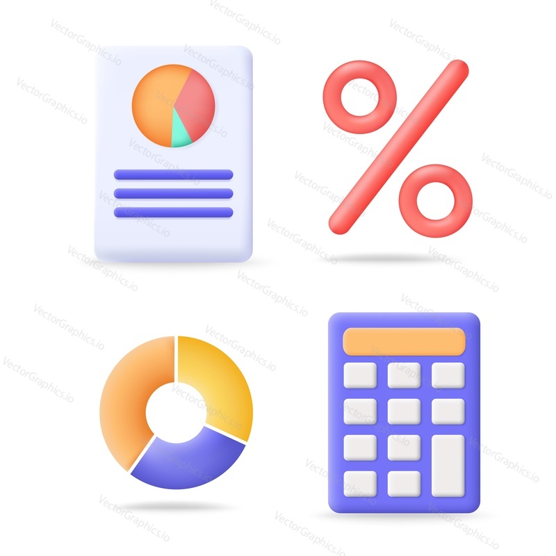 Electronic calculator, percent sign and pie diagram, vector isolated illustration. Finance, loan, statistics symbols.