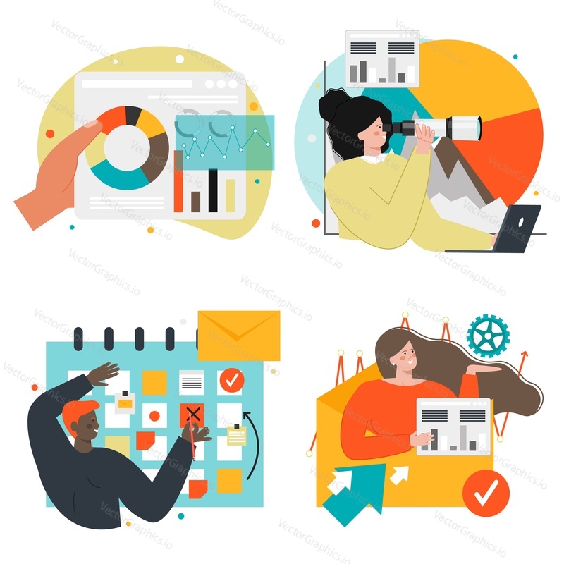 Business strategy set, flat vector isolated illustration. Data analysis, digital marketing, task management, planning, business vision.