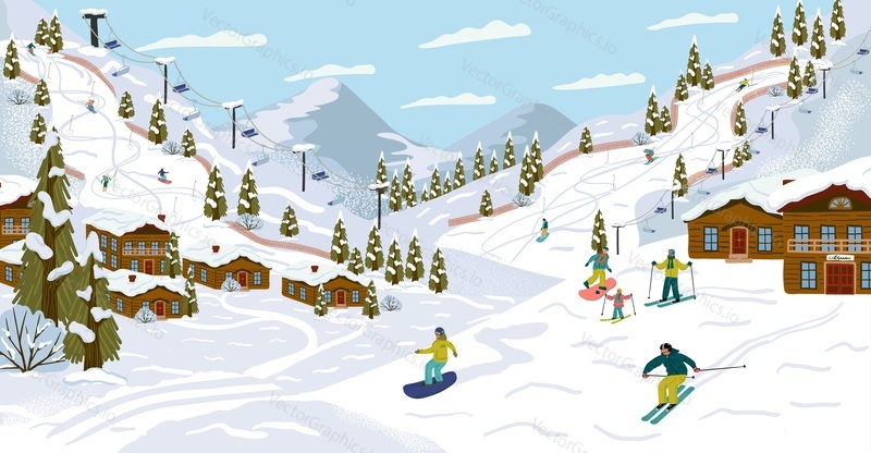 Ski resort with skiers, cable cars, ski lifts, vector illustration. Winter holidays and sport activity. Winter season mountain landscape with alps chalet. Mountain ski, snowboard, downhill track.