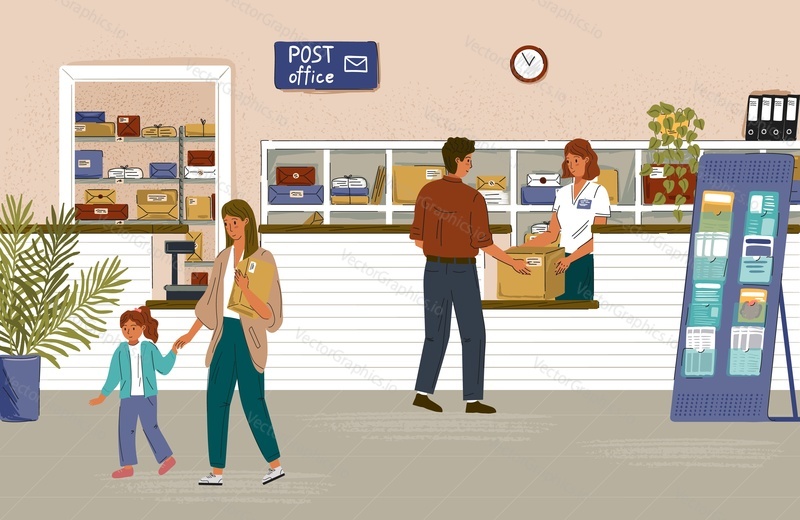 Post office interior concept vector posters. Woman gives parcel to customer in post office. Shelves with cardboard packages and mail envelops.