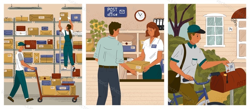 Post office concept vector posters. Delivery service, postman, courier delivers mail to mailbox. People work in warehouse. Woman gives a parcel to customer in post office.