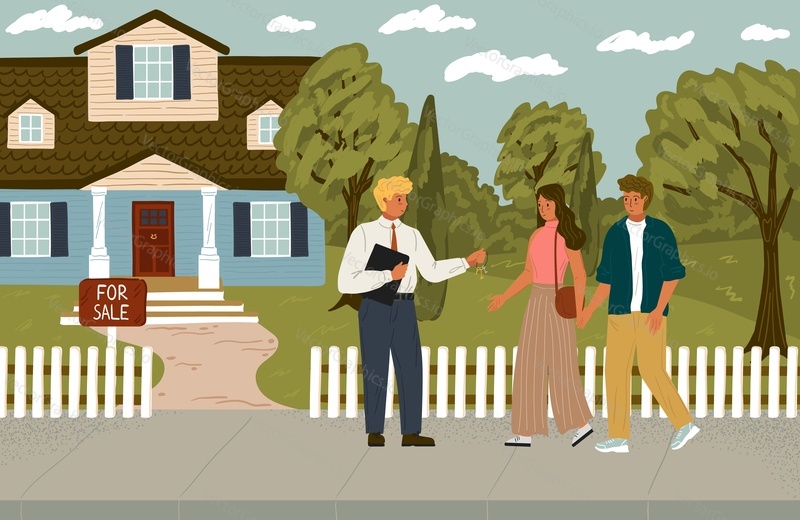 Couple choosing house to buy. Real estate concept vector illustration. Real estate agent offers property for sale. Broker helps people buying or renting house.
