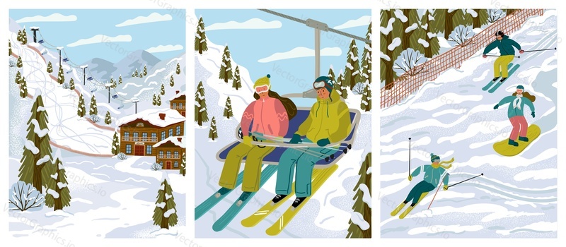 Ski resort with skiers, cable cars, ski lifts, vector illustration set. Winter holidays and sport activity. Winter season mountain landscape with alps chalet. Mountain ski, snowboard, downhill track.