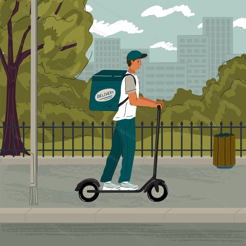 Delivery service concept vector illustration. Courier riding electric scooter. Male cartoon character driving eco urban transport. Kick scooter on a street.