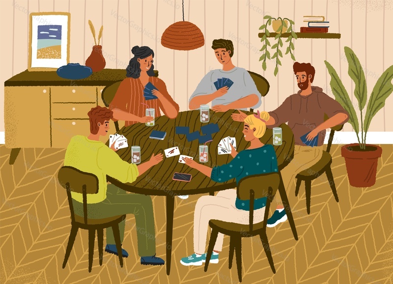 Group of friends playing cards. Table games concept vector posters set. People playing board game at home. Leisure home activities.