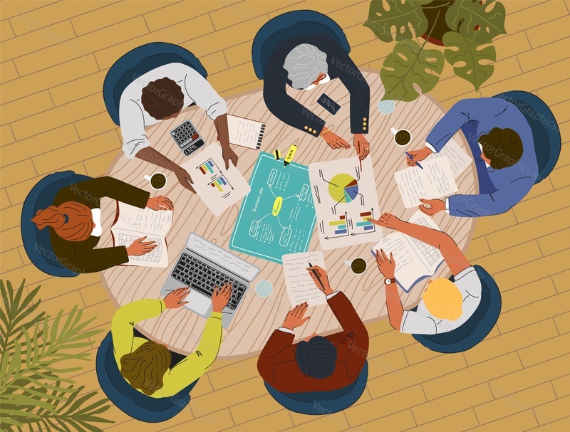 Business analysis and planning. Concept top view vector illustration. Business people sitting at a table. Office meeting, team work, project management, financial report and strategy, office desk.