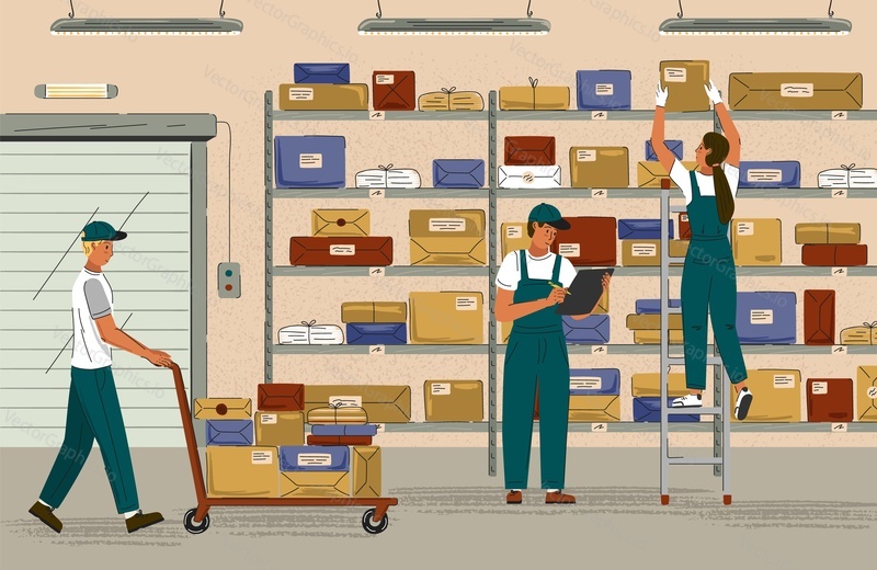 Warehouse interior concept vector illustration. Shelves with boxes and cardboard parcels. People work in warehouse. Storage worker. Logistic and retail delivery service.