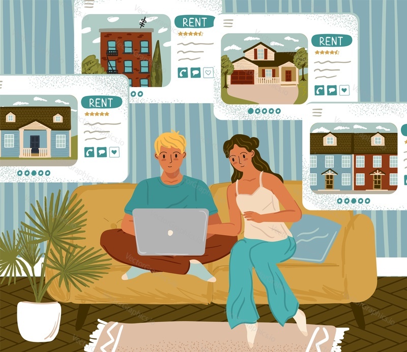 Couple searching house for rent online. Real estate concept vector illustration. Choice of home or apartment by rating. Property rent online service. Online real estate classifieds and ads.