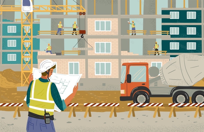 Construction engineer controls building process. Foreman organising construction works on site. Cartoon vector illustration. Man monitors progress of the construction of the apartment building.