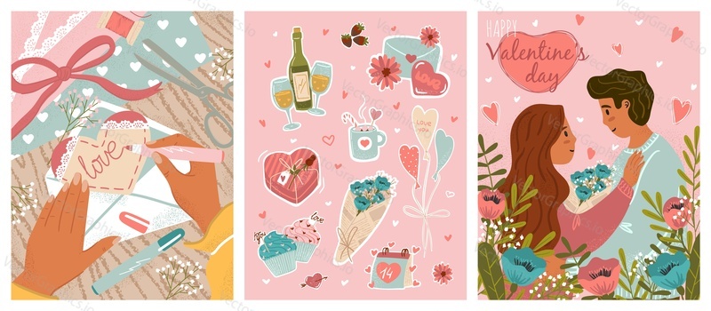 Valentines Day vector posters set with love stickers, romantic couple, love letter. 14 february illustration greeting card templates. Happy couple with flower decoration, stickers and valentine icons.