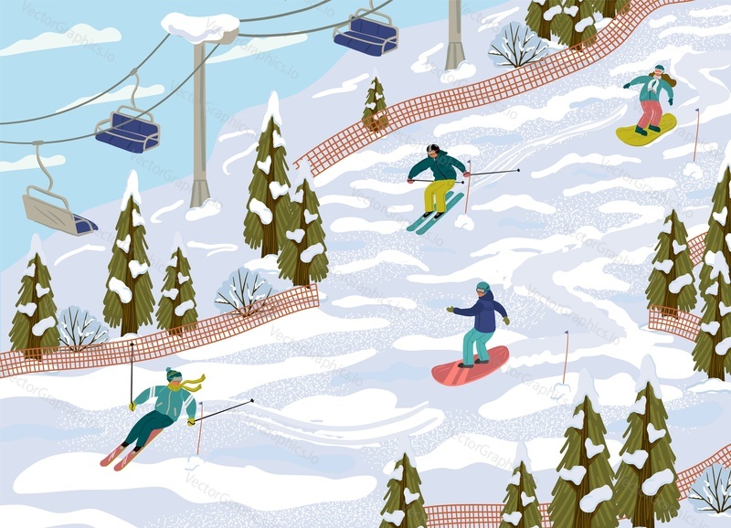 Ski resort with skiers, cable cars, ski lifts, vector illustration. Winter holidays and sport activity. Winter season mountain landscape in Alps. Mountain ski, snowboard, downhill track.