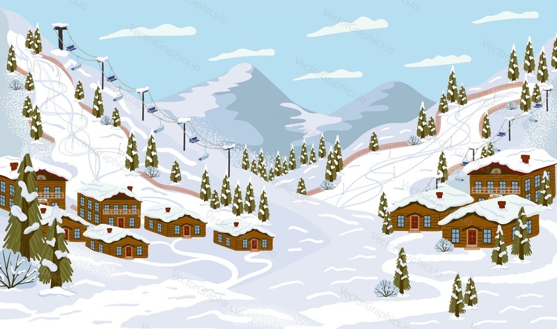 Ski resort with ski track, cable cars, ski lifts, vector illustration. Winter holidays and sport activity. Winter season mountain landscape with alps chalet