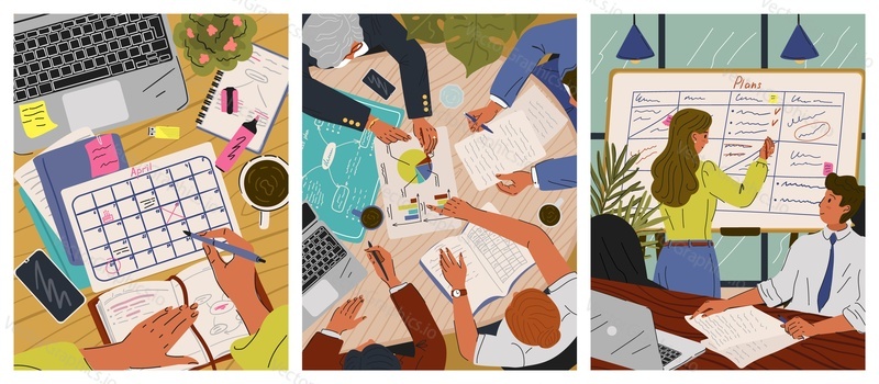 Group of business people working at the office desk. Business concept top view vector posters. Calendar schedule planning, office meeting, team work, kanban board.