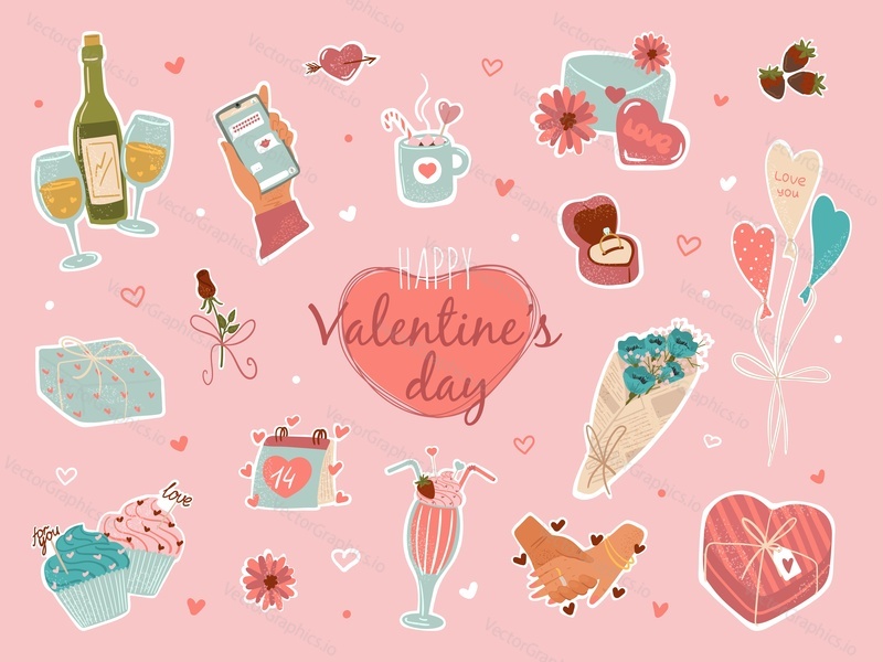 Valentines day stickers and design elements. Vector hand drawn icons and stickers. Template for scrapbook, logo, planners, greeting and invitation card. Heart, flower bouquet, sweets, cupcakes.