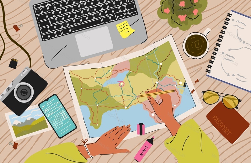 Woman plan a trip. Travel concept top view vector illustration. Table with map, passport, camera and laptop. Female hand draw trip route on a world map. Holiday adventure, vacation, travel checklist.